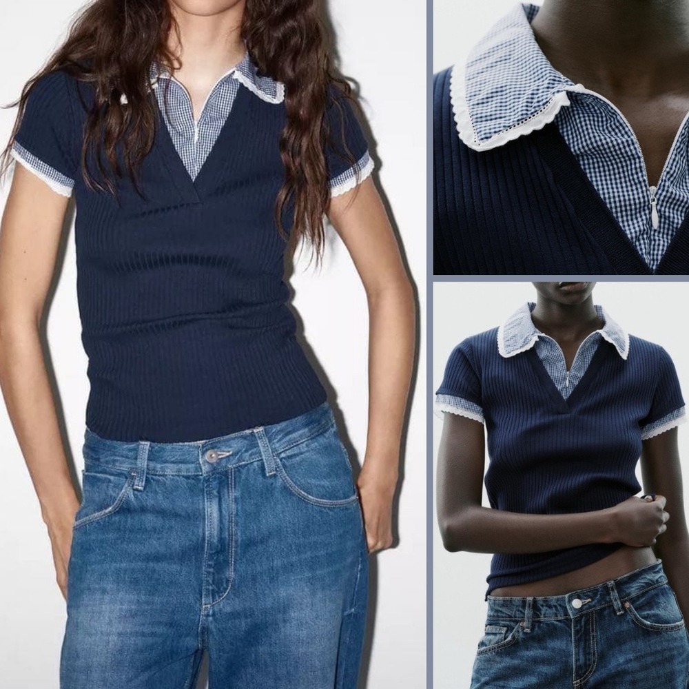 ZARA Ribbed Peter Pan Collar Polo Shirt Top Size M Navy Slim Fit Knit Preppy
